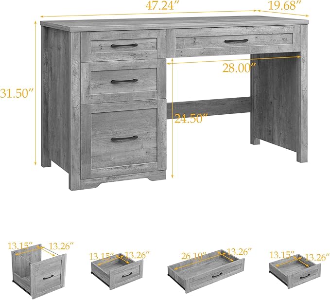 Farmhouse 47" Executive Desk with File Drawer, Wood Computer Desk with 3 Storage Drawers, Workstation for Home Office, Study, Writing(Grey)