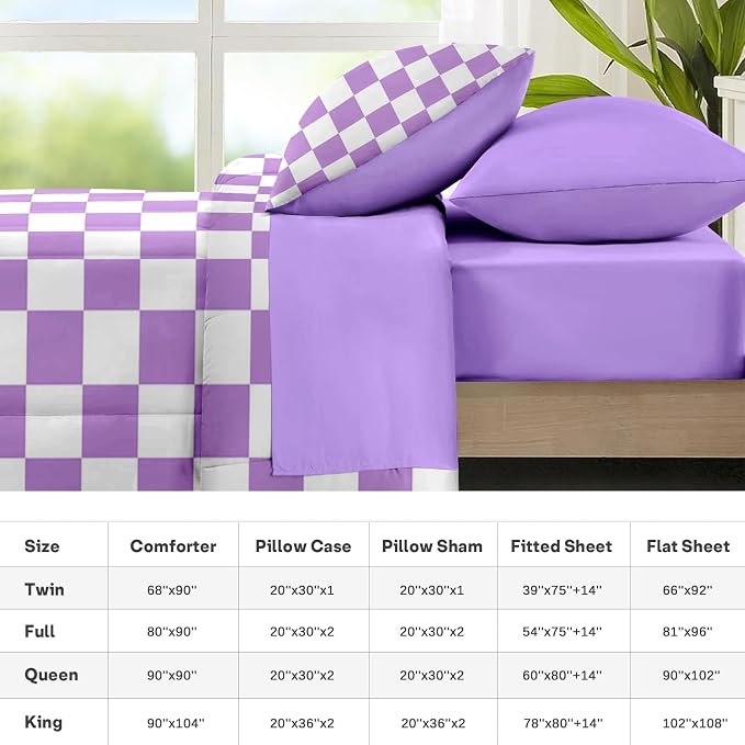 Nesker Comforter Set Queen Size, Purple Plaid Gingham 7 Pcs Bedding for Kids and Adults, Checkerboard Grid Bed Sheet Sets with Fitted Sheet 2 Pillowcases & 2 Shams