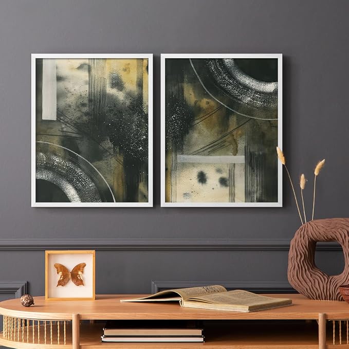 Renditions Gallery Set of 2 Peel & Stick Framed Prints, Moody Abstract Wall Art, Circular and Splattered Effects Wall Decor, Re-Stickable - Ready to Hang - 22"x28" - White Frame LT588