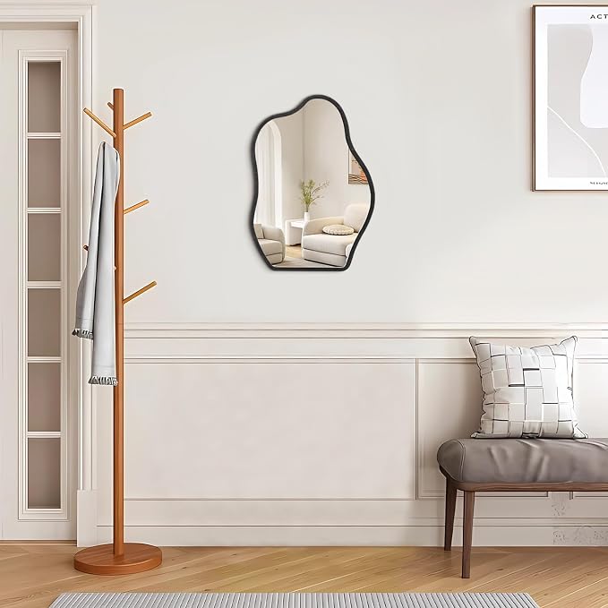 Modern Asymmetrical Mirror Unique Irregular Wooden Framed Mirror for Wall Hanging Mirrors Artistic Cloud Shape Wall Mirror Decor Bathroom Bedroom Living Room Entryway Hallway Small