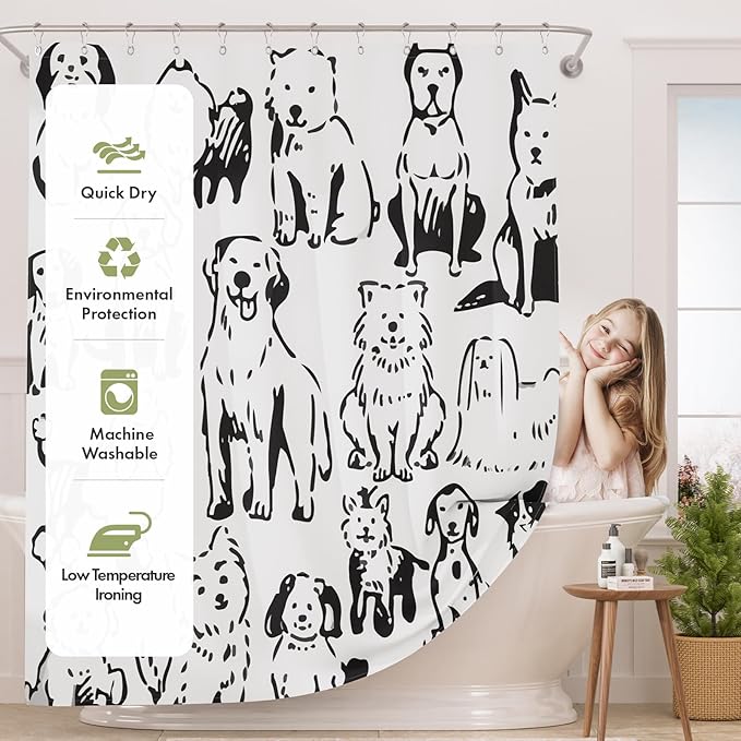 AmazerBath Shower Curtain, Washable Cloth Cute Dogs Kids White and Black Shower Curtain Set with 12 Shower Curtain Hooks, Kawaii Pet Puppy Waterproof Shower Curtains for Bathroom Decor, 72x72 Inches