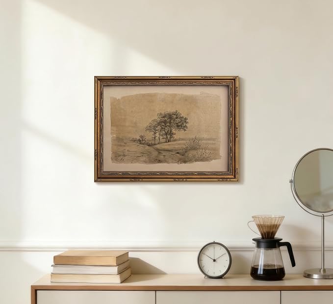 Vintage Gold Framed Sepia Country Landscape Sketch Wall Art, Rustic Tree Grove Canvas Prints, Antique Rural Path Drawing Poster Artwork for Modern Farmhouse Living Room Office Wall Decor，16x24in