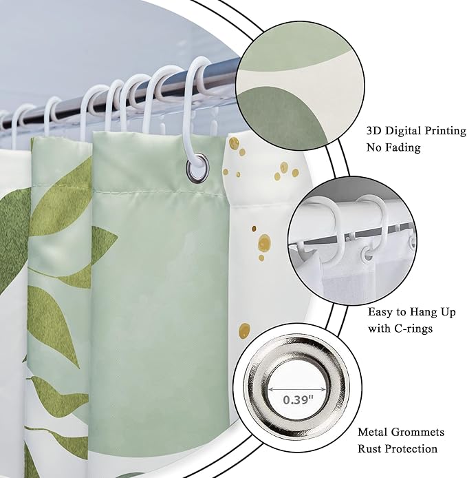 Riyidecor Light Green Mid Century Boho Shower Curtain for Bathroom Decor 72Wx72H Modern Bohemian Eucalyptus Leaves Arch Plants Gold Art Printed Fabric Polyester Waterproof 12 Pack Plastic Hooks