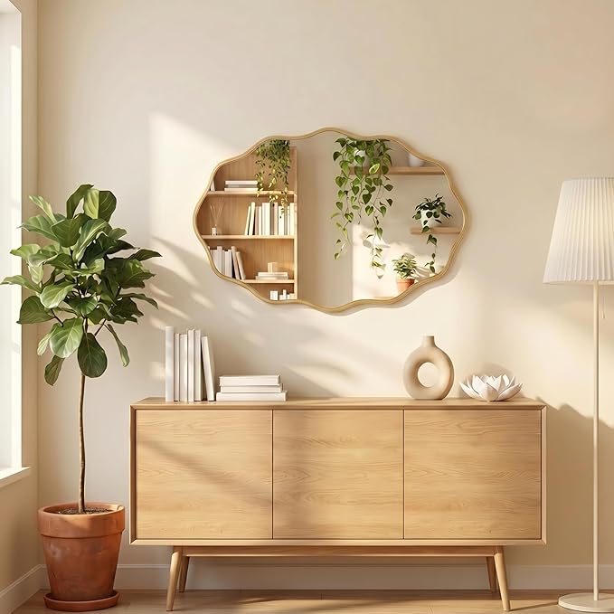 PERFNIQUE Gold Scalloped Mirror, 30''L×18''W Oval Wavy Wood Framed Mirror for Wall Decor, Hanging Leaning for Bathroom, Nursery, Entryway, Vanity, Living Room