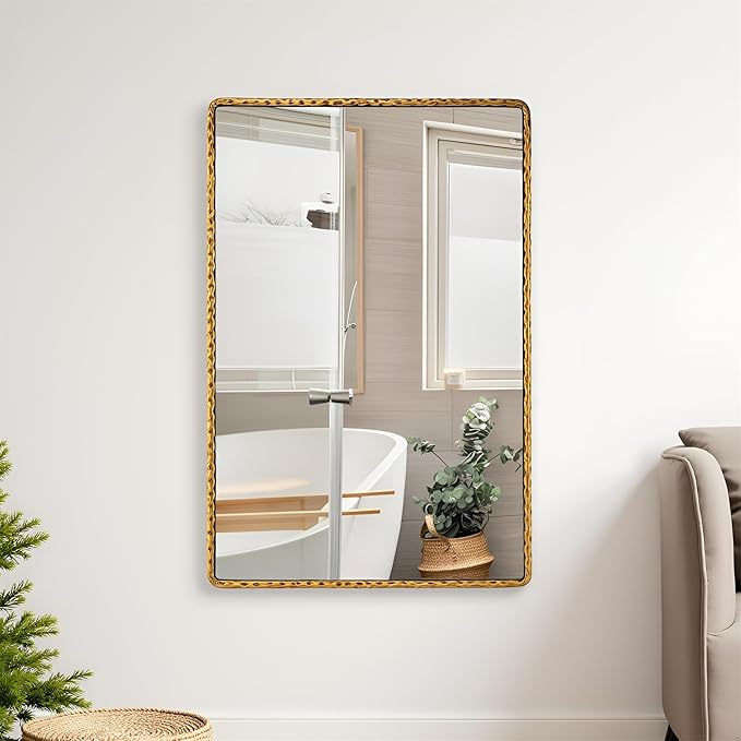24"x36"Antique Gold Rounded Rectangle Bathroom Mirror, Hammered Metal Frame Wall Mirror, Vintage Decorative Gold Vanity Mirror for Bathroom Over Sink, Horizontal or Vertical Hanging