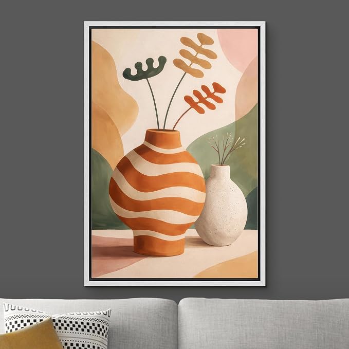 Woodrose Framed Canvas Print Wall Art Mid Century Modern Vase Still Life Illustrations Modern Art Minimalist 3D Colorful Ultra for Living Room, Bedroom, Office - 16"x24" WHITE