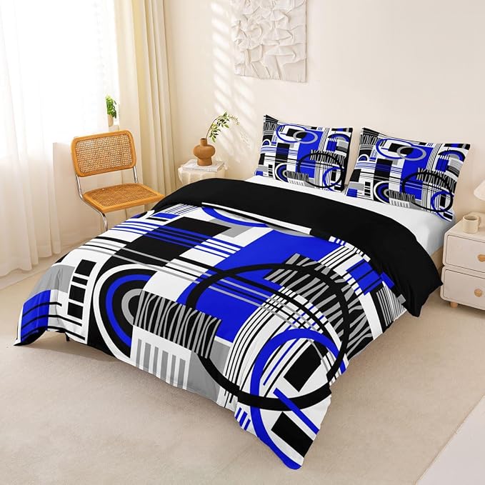 Erosebridal Art Deco Mid Century Duvet Cover Set Retro Modern Abstract Geometric Twin Bedding Sets for Girls Kids Boys Black and White Navy Blue Circles Stripes Comforter Cover Contemporary Bed Set