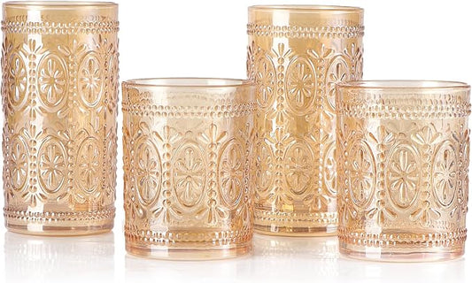 Amber Glassware Set of 4, Vintage Drinking Glasses, Colored Glassware Drinking, Highball Embossed Beverage Glasses Cup for Water, Juice, Cocktail, Coffee (2pcs12oz+2pcs10oz）
