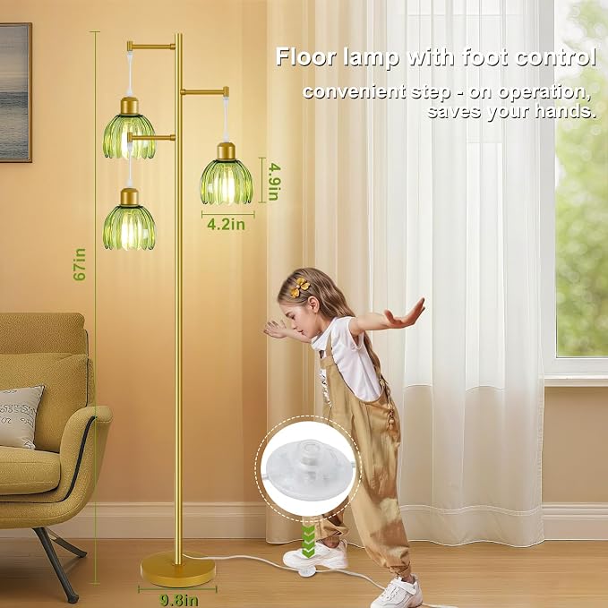 3 Light Flower Floor Lamps for Living Room,Modern Tree Floor Lamp with Foot Switch,Gold Floor Lamp with Glass Shade Vintage,Retro Standing Lamp Includes 3 Bulbs,Boho Tall Lamp for Bedroom Deco