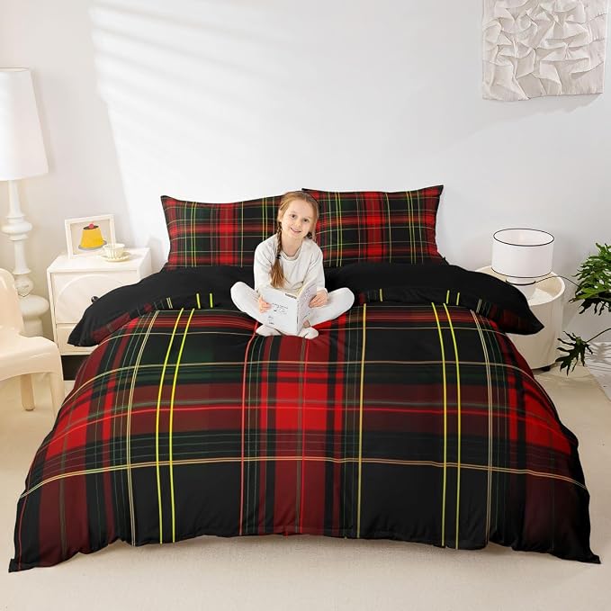 Erosebridal Red Black Grid Duvet Cover Twin Modern Classic Geometric Tartan Comforter Cover for Kids Teens Buffalo Plaid Bedding Set Striped Check Vintage Farmhouse Bed Set with Zipper