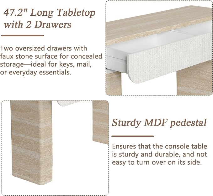 Faux Mars Marble Pattern Console Table with 2 Drawers, 47.2" Skinny Long Sofa Table Behind Couch with Rounded Edges, Wooden Narrow Sofa Table Hall Table for Living Room Foyer Entrance, Marble