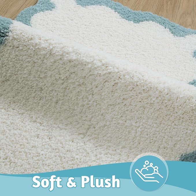 Uphome Bathroom Runner Rug, Blue Long Water Absorbent Cute Bath Mat Non Slip Washable, 24x60 Soft Irregular Shaped Shaggy Microfiber Bath Runner Rug for Floor, Bathtub, Bedroom