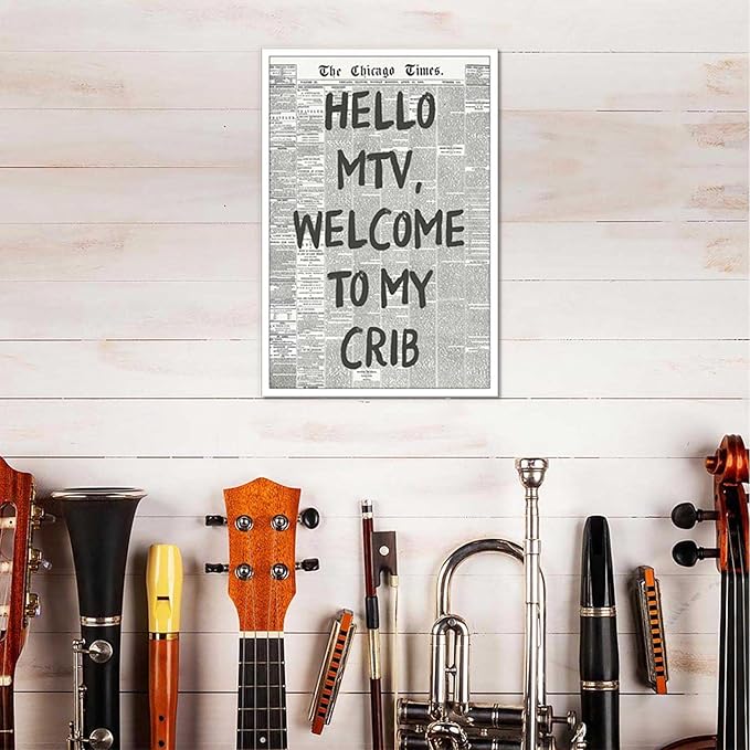 Drimiler Hello Mtv Welcome To My Crib Poster Vintage Black And White Newspaper Canvas Wall Art Positive Affirming 70'S Room Aesthetic Prints Painting For Home Bedroom Dorm Wall Decor 12x16in Unframed