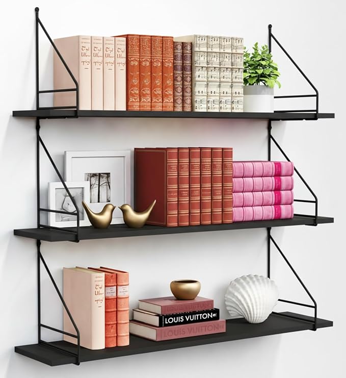 Harwaya Black Wall Mounted Bookshelf 36 Inch Long, Large Floating Book Shelves for Wall, Deep Hanging Bookshelves with High Bookend for Bedroon Living Room Office Kitchen Storage (Black)