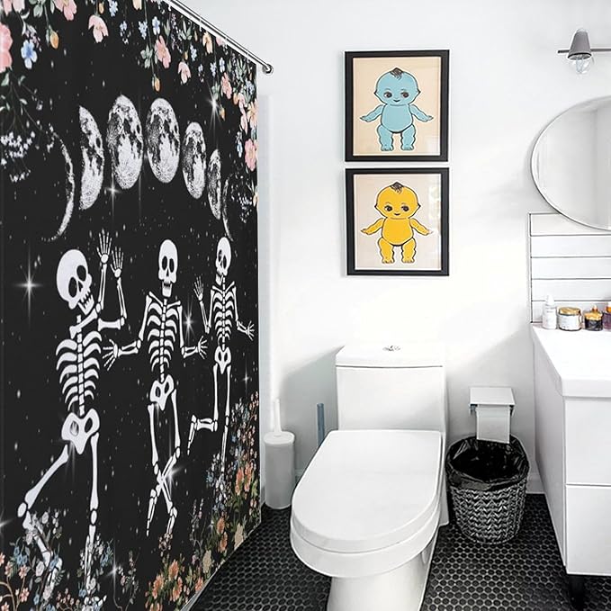 Skull Skeleton Flower Moon Shower Curtain Gothic Moon Phase Scary Horror Black Spooky Flower Holiday Waterproof Shower Curtains for Bathroom Decor 12 Pack Hooks 72x72in (183x183cm)