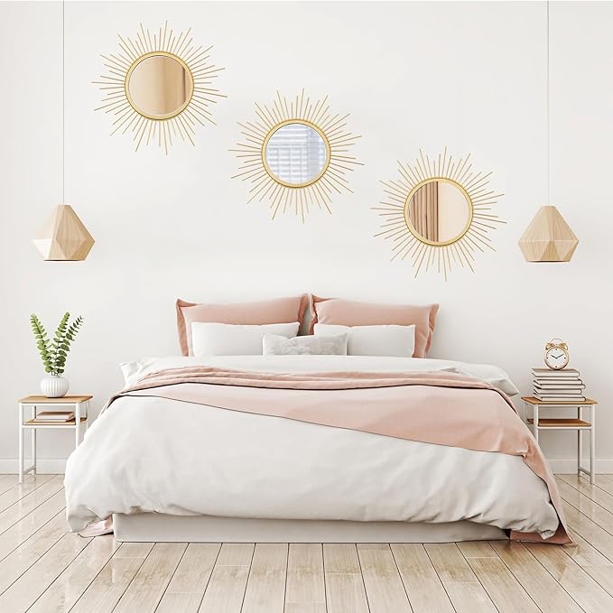 Cityelf 3 Set Gold Sunburst Mirrors for Wall Decorative Metal Mirrors Small Mirror Sets Hanging Mirror Wall Sculpture for Bedroom Living Room Entryway