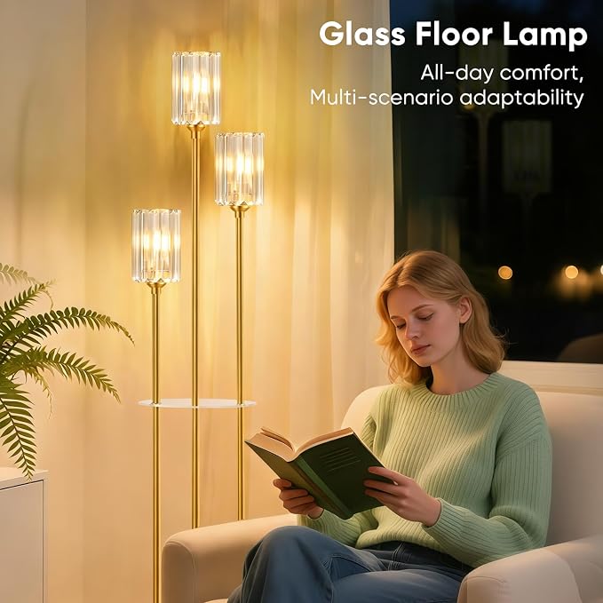 Crystal Floor Lamps for Living Room, Glass Modern Floor Lamp with Shelves, Mid Century Standing Lamps with Table, Brass Tall Lamp with Crystal Shade Vintage Retro Corner Floor Lamp (K9 Crystal Gold)