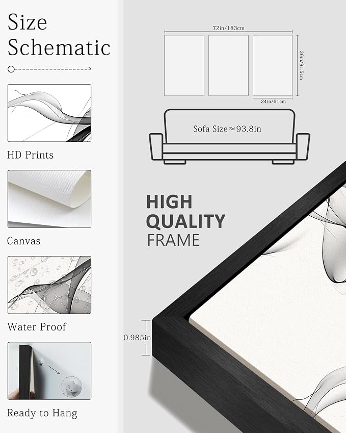 KUVIOKE Black White Abstract Framed Canvas Wall Art Ink Wash Pastel Wall Decor Modern Transparent Fog Illustration Art Painting for Bedroom Dining Room 24x36in (Black Framed)