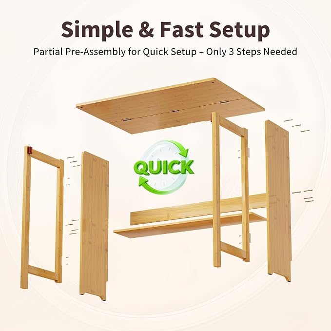 Bamboo Foldable Desk, Folding Desks for Small Spaces, Mid Century Small Computer Desk with Bookshelf for Bedroom Home Office, Natural