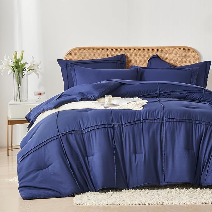 Yogeneg Queen Comforter Set 7 Piece Bed in a Bag,Grid Pinch Pleat Navy Blue Bedding Set,Striped Textured Soft Microfiber Comforter with Sheet Set,All Season Complete Bed Set(Navy Blue,Queen)