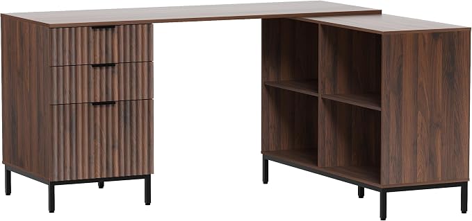 60" L Shaped Fluted Desk, Computer Desk with Movable Storage Cabinet Home Office Desk with 3 Drawers Metal Legs Corner Desk for Gaming Study, Brown