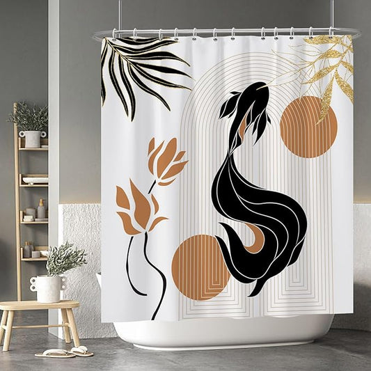 Baocicoo Bohemia Abstract Goldfish Shower Curtain Leaves Lotus Shower Curtain for Bathroom Art Home Hotel Hostel Bathtub Cubicle Decor Waterproof Curtain for Bathroom with Hooks 72x78 Inches