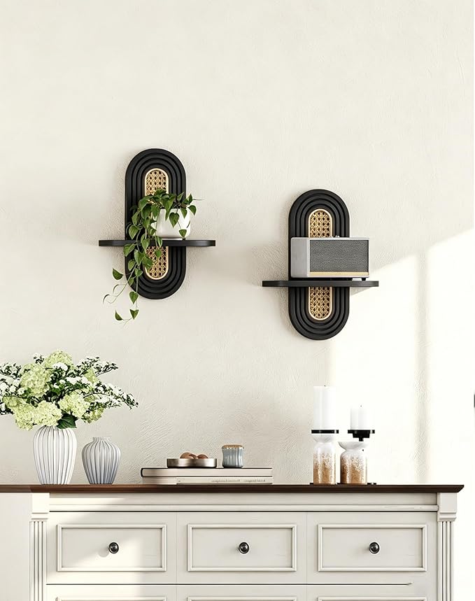 Floating Shelves for Wall, Boho Home Wall Decor,Rattan Plant Shelf Set of 2, Mid Century Small Decorative Shelf, Natural Wood Shelves for Living Room,Bedroom,House,Office (Black)