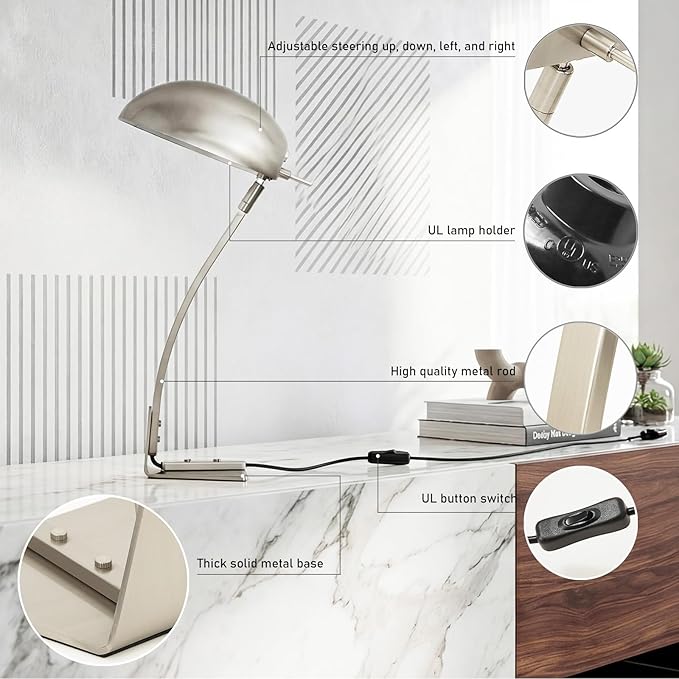 18.4" Metal Desk Lamp Modern Industrial Table Lamp, Adjustable Neck Architect Lights (3000K) with On/Off Switch, Bedside Reading Lamps for Office Bedroom Study Room Side Table (Nickel)