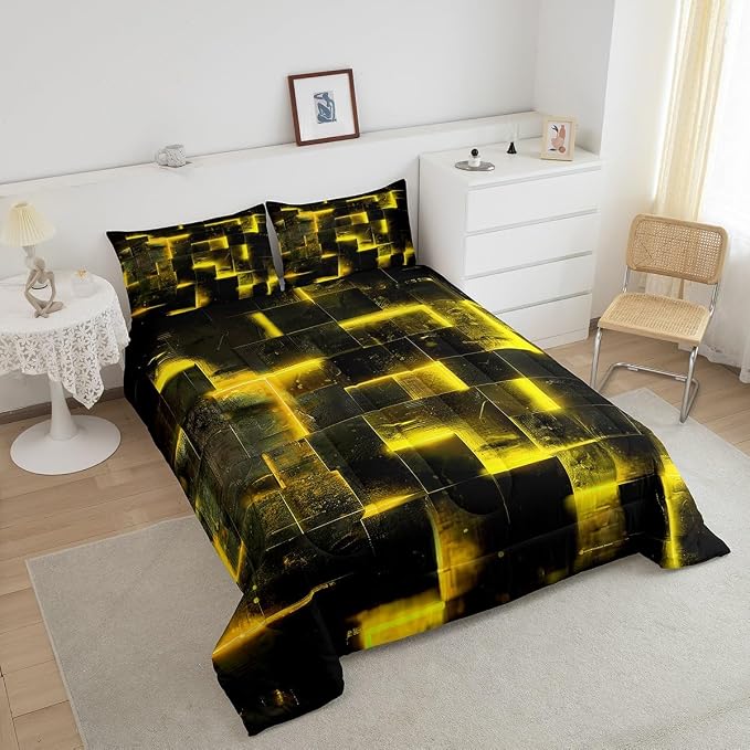 Yellow Black Bedding Twin 3D Glowing Buffalo Twin Comforter Set Modern Abstract Art Bedding Comforter Sets Geometric Plaid Duvet Insert, Gradient Futuristic Cubes Down Comforter (Black Reversible)