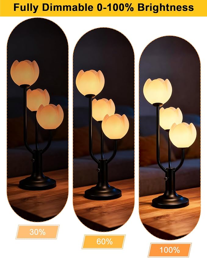 Lightdot Flower Table Lamp for Living Room Modern 3-Light Modern Mid Century Cute Desk Lamp 3000K Warmwhite Dimmable Bedside Nightstand Lamp for Bedroom Reading-Black