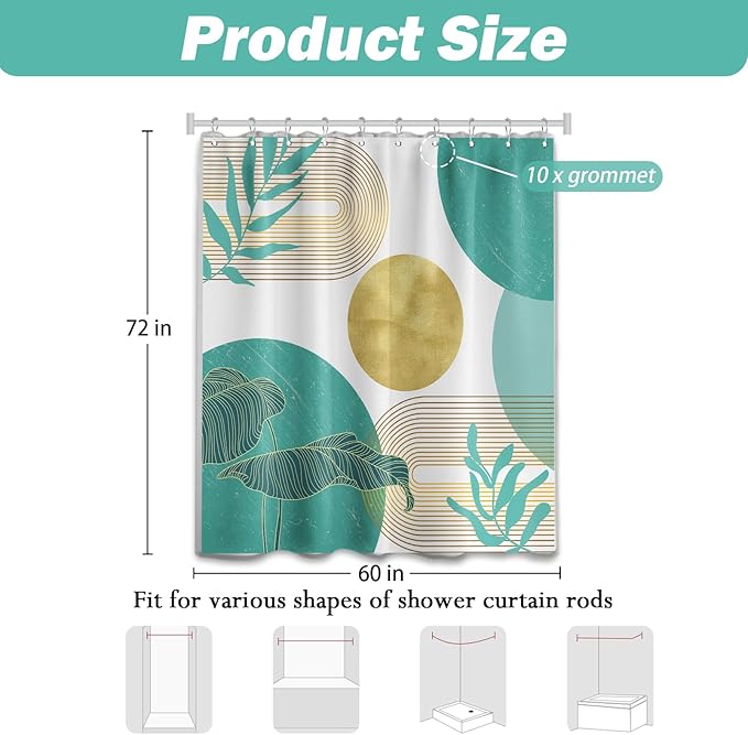 Teal Blue and Gold Shower Curtain Turquoise Aqua and White Shower Curtains for Bathroom Decor Boho Mid Century Bath Curtain Set, Waterproof Fabric with Hooks 60 x 72 Inch