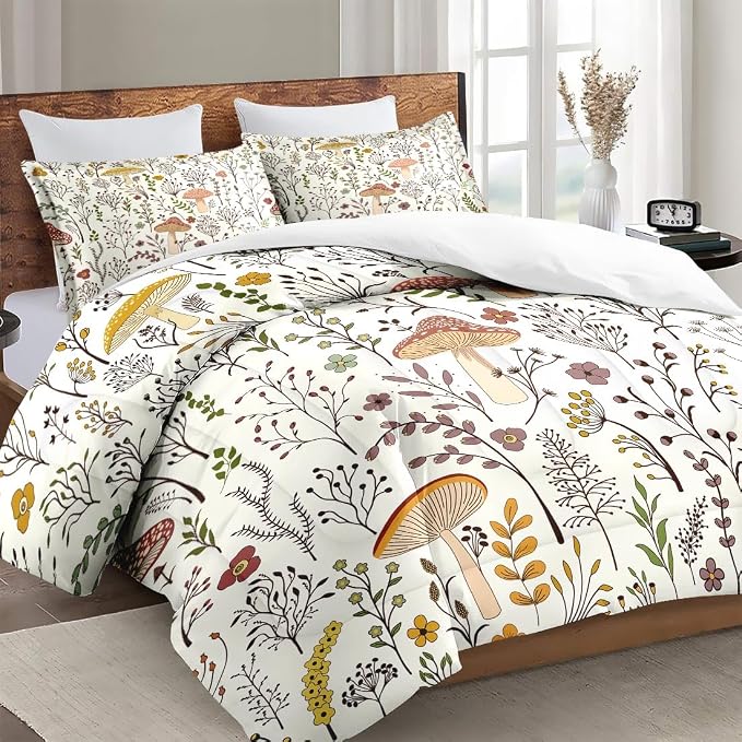 Comforter Set with Pillowcase Twin Size, Cute Beige Forest Mushroom Daisy Flower, Bed Decor Boho Wildflower Plants Botanical Floral Leaf for Kids and Adults, Soft Cozy Bedroom Bedding Set