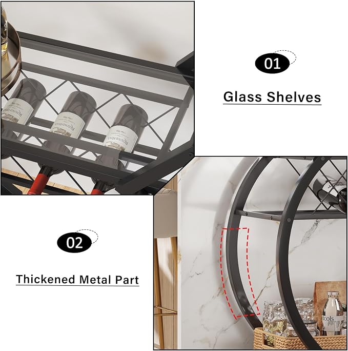 LVB Bar Cart with Glass, Black Bar Cart with Wheels, Home Bar Serving Cart with 2 Tier Storage Glass Shelves, Wine Cart with Wine Rack, Liquor Cart for Kitchen, Bar, Dinning Room