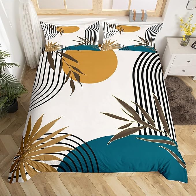 Erosebridal Abstract Modern Blue Duvet Cover Twin for Kids Boys Girls,Mid Century Boho Comforter Cover,Botanical Minimalist Bedding Set,Geometric Leaves Bed Set 2 Pcs Bedroom Decor