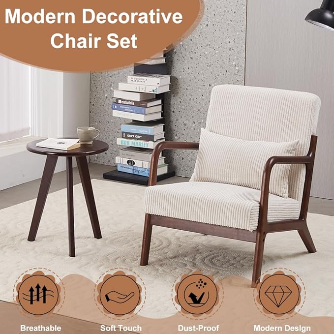 Accent Chairs with Side Table, Mid Century Modern Chair with Pillow, Arm Chair with Solid Wood, Reading Relaxing Leisure Chair for Living Room, Bed Room, Waiting Room, White