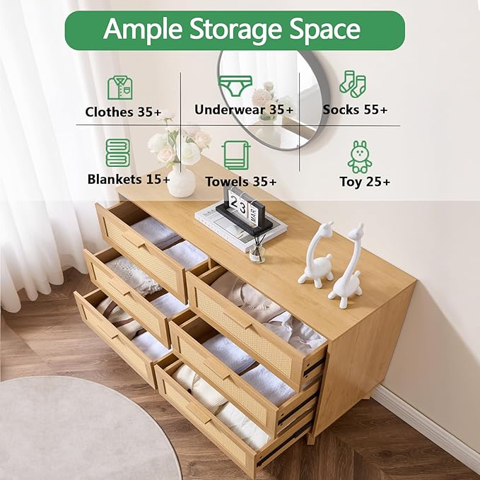 Dresser for Bedroom with 6 Drawers – Wide Chest of Drawers with Pulls Handles, Solid Wood Legs, Easy Assembly, Farmhouse Tall Dressers for Closet, Living Room,Hallway and Entryway Oak