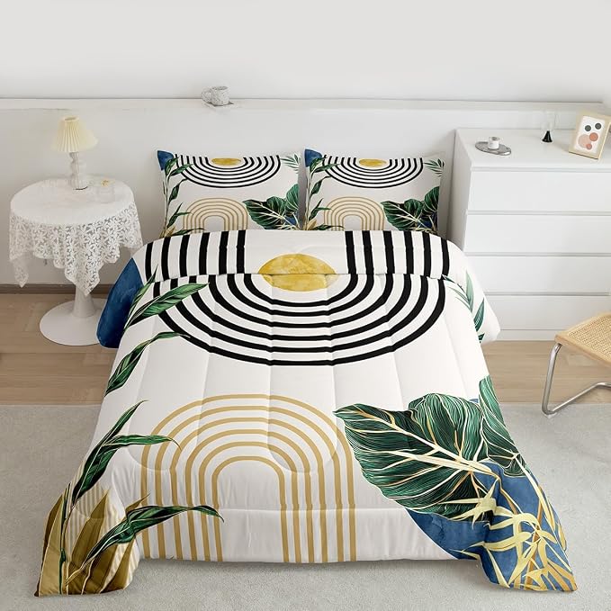 Erosebridal Navy Blue Boho Comforter Full Abstract Light Blue Mid Century Bedding Set Tropical Plant Minimalist Bedding for Kids Boys Girls Modern Geometric Aesthetic Duvet Insert 3Pcs Room Decor