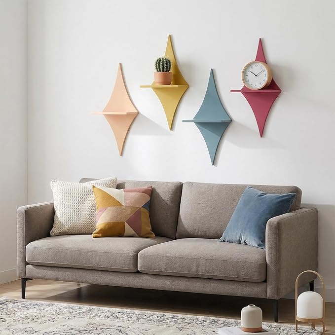 4 PCS Floating Wood Shelves Star Shaped, 13.8 X 5.9 Inch Mid Century Wall Decor Retro Small Wall Shelves Hanging Storage Sign Decoration for Bedroom, Living Room, Bathroom, Office Decor
