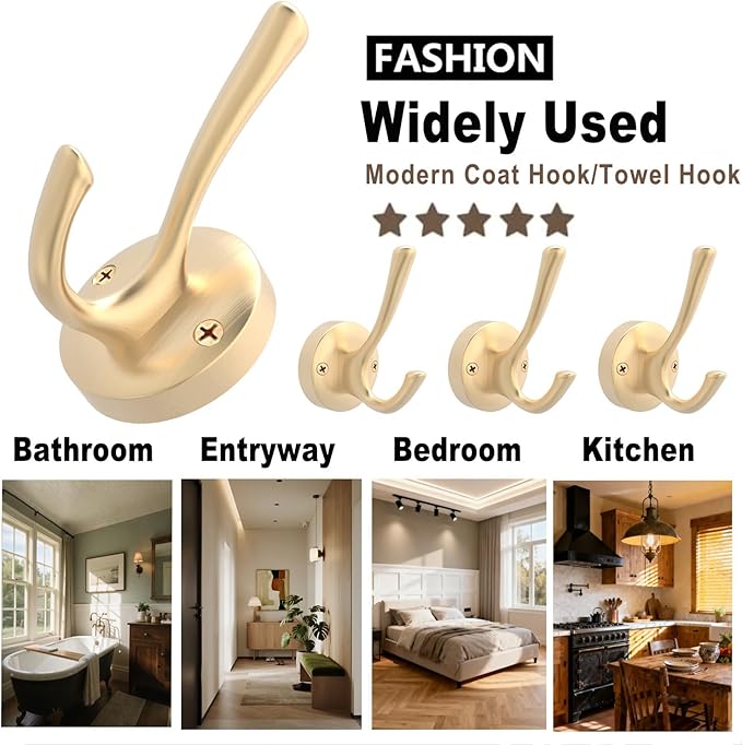 Gold Hat and Coat Hooks, 4 Pack Heavy Duty Coat Robe Hook, Metal Double Backpack Hook Wall Mounted, Towel Hooks for Bathroom Entryway Cubicle Closet Garage