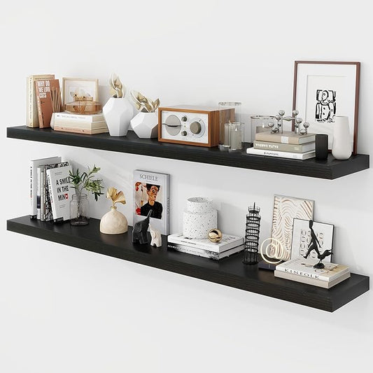 55 Inch Floating Shelves, 9.3" Deep Floating Shelf Wall Mounted, 56" Wall Shelves, Rustic Deep Bookshelf, Large Display Shelves & Storage Shelves for Bedroom, Living Room, Black, Set of 2