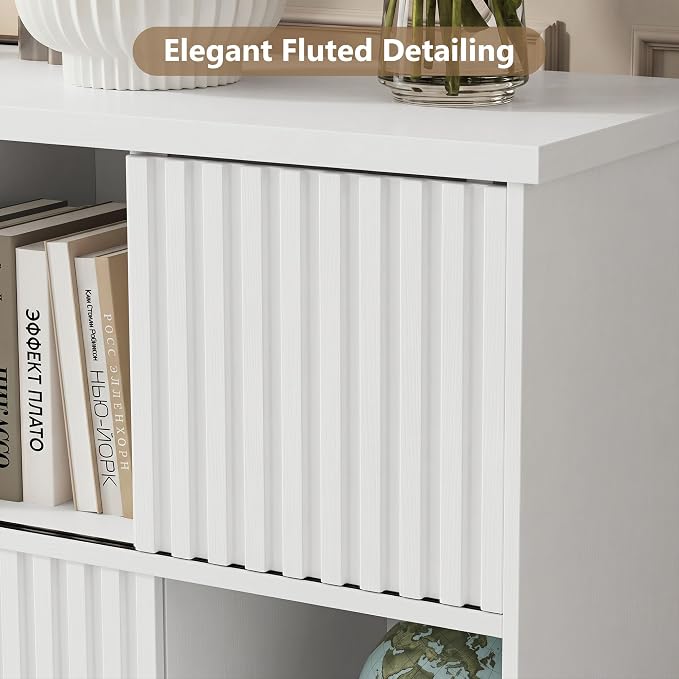 Einhomn 12 Cube Storage Organizer with Sliding Doors, Modern Fluted Bookshelf with Storage Cabinet, Wooden Bookcase with 6 Open Shelves for Living Room, Home Office, Bedroom, White