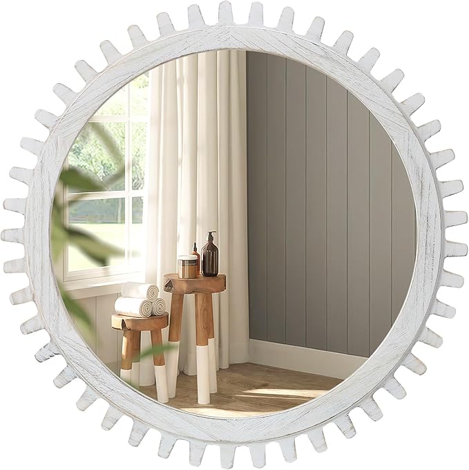 ULIKE Round Rustic Wood Mirror for Bathroom, Farmhouse Mirror with Wood Frame, 24x24 Inch White Vanity Mirrors for Wall Decor of Bedroom Living Room Entryway