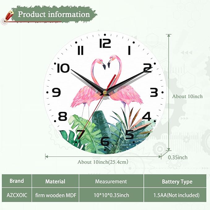 Flamingos Wall Clock Couple Flamingo Pink Clocks for Living Room Wall Clocks Battery Operated Silent Non-Ticking Decorative for Home Kitchen Bathroom Living Room Bedroom Office 10 Inch