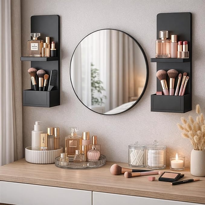 2-Tier Black Floating Wall Shelf, 20x8x6 Wall-Mounted Wooden Beside Shelf/Nightstand for Home Décor, Plants, Cosmetics, Bathroom, Kitchen, Bedroom Storage (Black with Box)