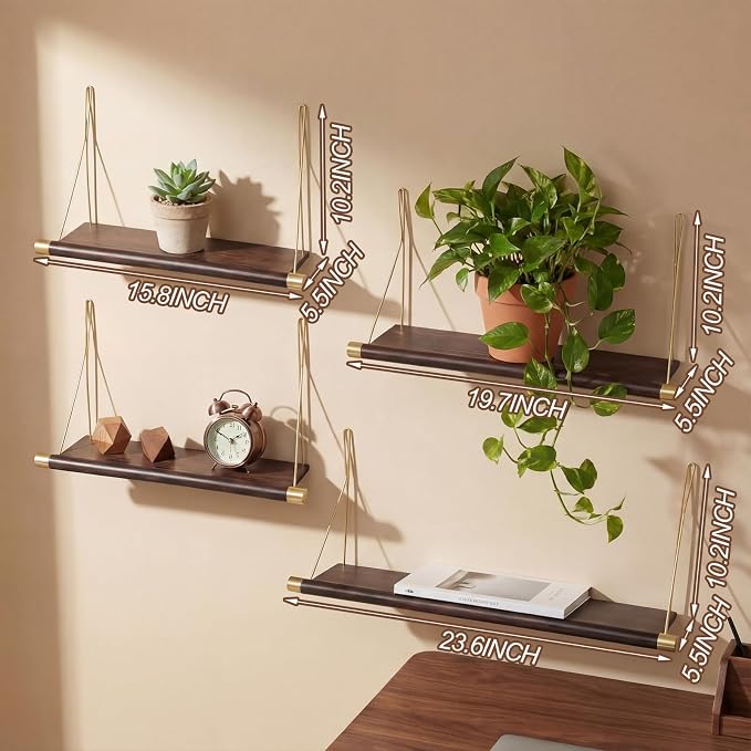 Pinkunn 4pcs Mid Century Modern Decor Walnut Floating Shelves for Wall Mounted Storage Shelves Solid Wood Rustic Decorative Shelving Living Room Bedroom Coffee Bar Bathroom Display Plant Photo