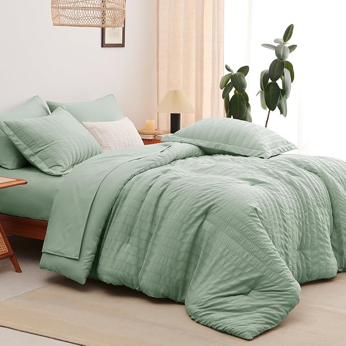 CozyLux California King Comforter Set with Sheets 7 Pieces Light Blue Seersucker Bed in a Bag, Cal King All Season Bedding Set with Down Alternative Comforter, Sheets, Pillowcases & Shams, Home Gift