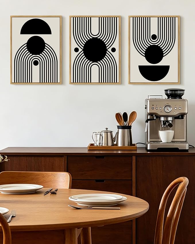 KUVIOKE Black Abstract Framed Wall Art Minimalist Geometry Lines Painting Artwork for Living Room Bedroom 12x16in (Natural Framed)
