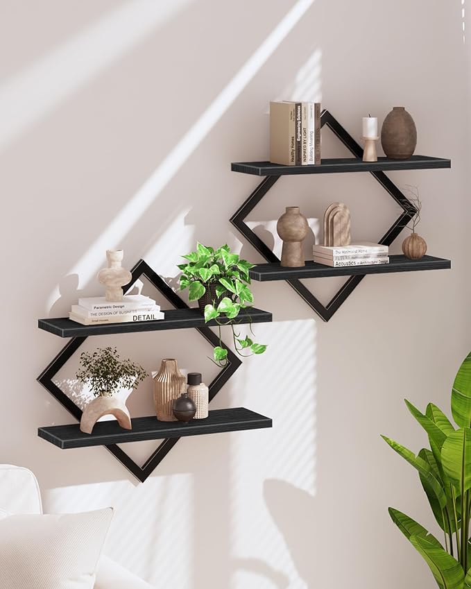 CHOEZON Floating Shelves, Set of 2 Wall Shelves, 2-Tier Hanging Shelves, Wall Shelf Set of 2, Wall Mounted Shelves, for Living Room, Bedroom, Kitchen, Office, Study, Black TBJ01P2BB