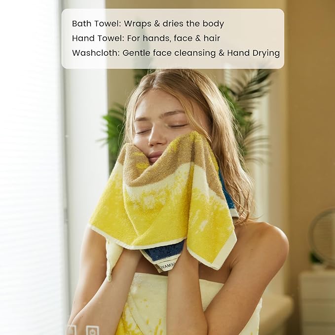 SEMAXE Colorful Bath Towel Set, 100% Cotton Bathroom Towels with Hanging Loops, Soft & Absorbent, 8 Piece Towel Set Include 2 Bath Towels, 2 Hand Towels, 4 Washcloths, Yellow | Brown | Blue