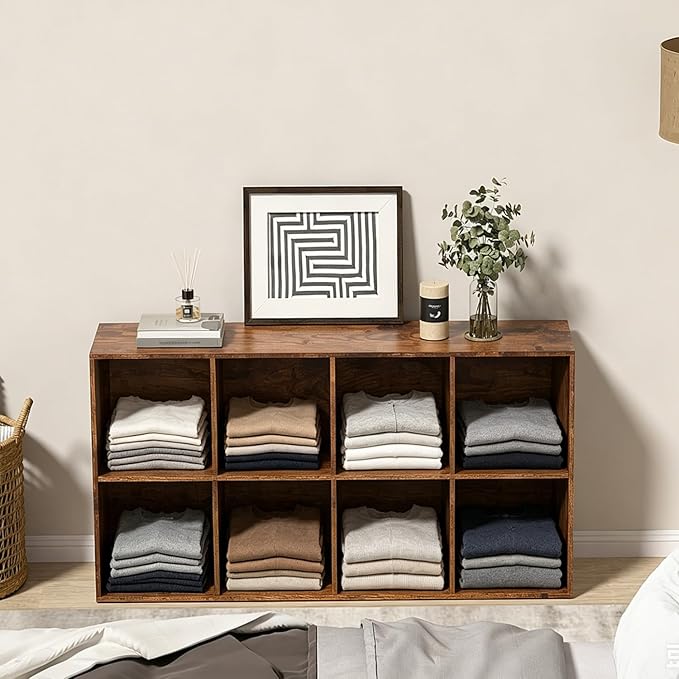 Wooden 8 Cube Storage Organizer with Closed Back Panel,Brown Cube Shelf Cubby Storage Organizers with Compartments for Living,Bookshelf,Organizers Easy to Install (Retro Brown, 8 Cube)